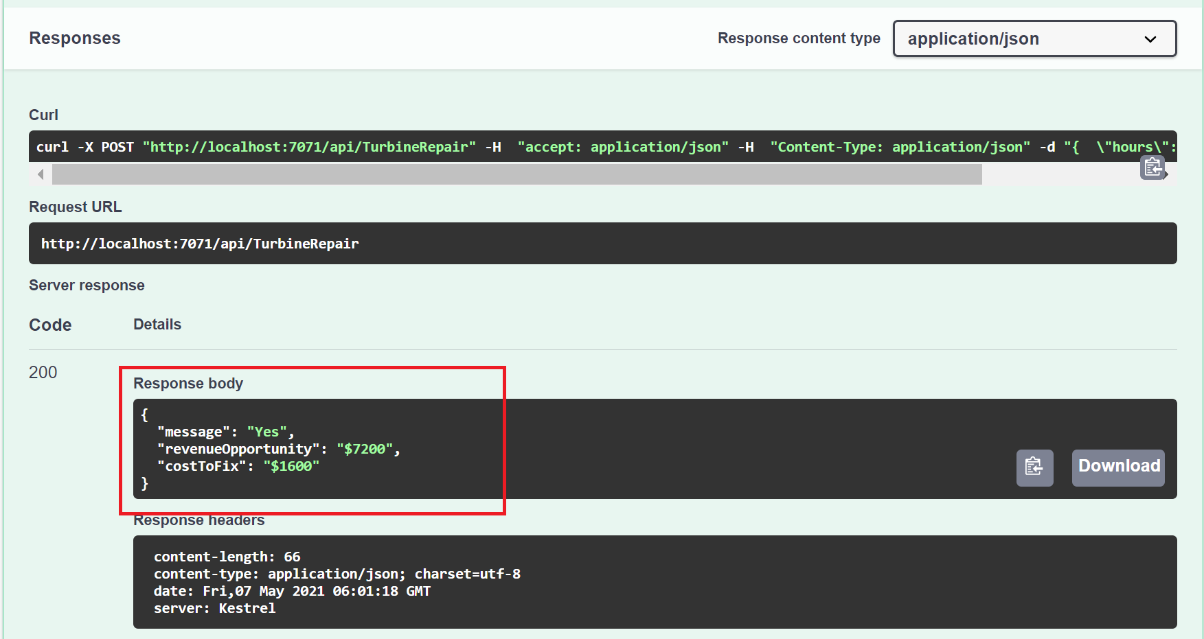 來自 TurbineRepair 函式的回應 JSON 資料。