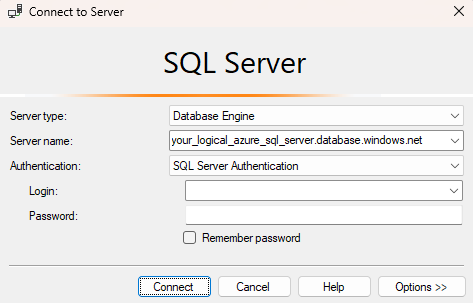 SQL Server Management Studio (SSMS) 中連線到 Azure SQL 資料庫伺服器對話方塊的螢幕擷取畫面。