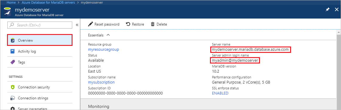 適用於 MariaDB 的 Azure 資料庫 伺服器名稱和伺服器管理員登入名稱