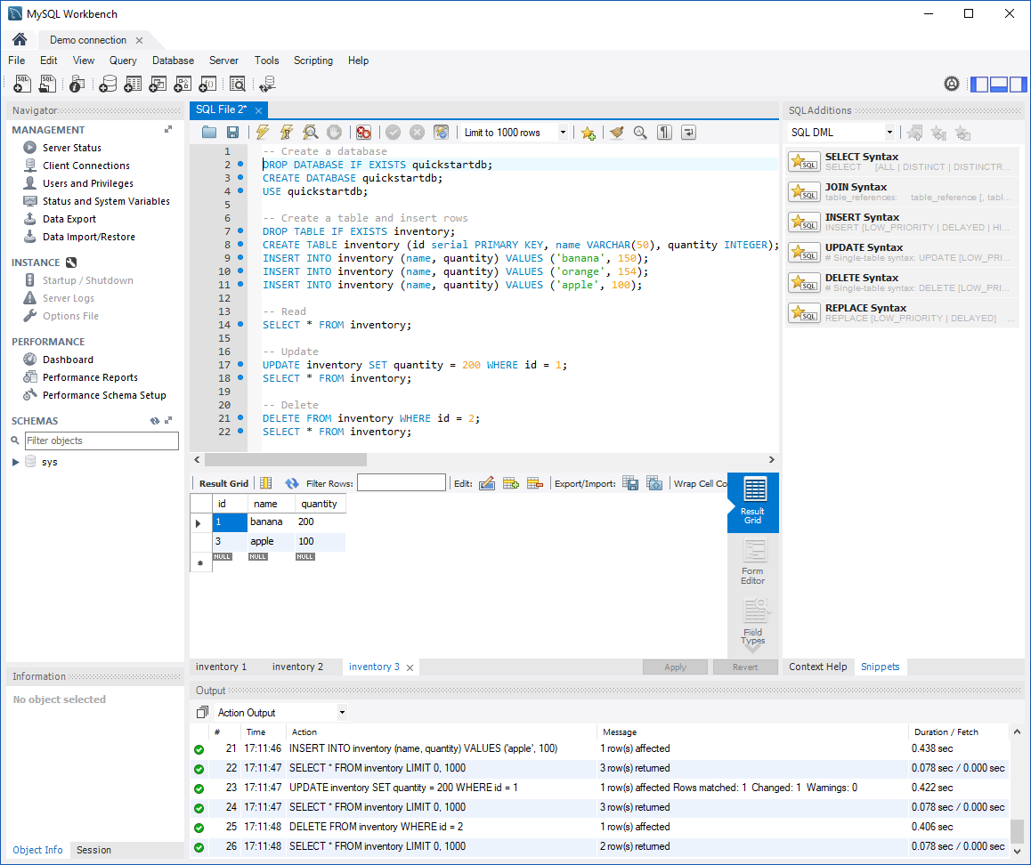 選取 [MySQL Workbench SQL] 索引標籤以執行範例 SQL 程式代碼