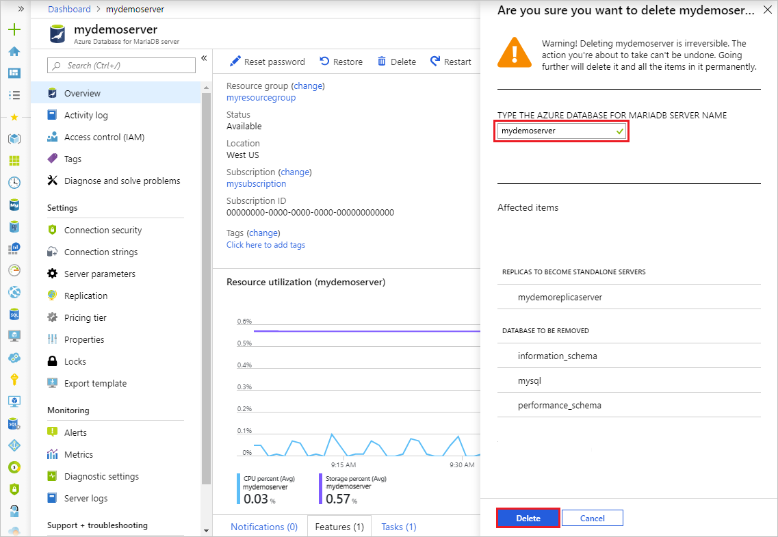 適用於 MariaDB 的 Azure 資料庫 - 刪除主要確認