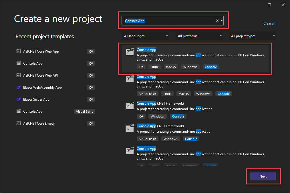 顯示如何使用 Visual Studio 建立新項目的螢幕快照。