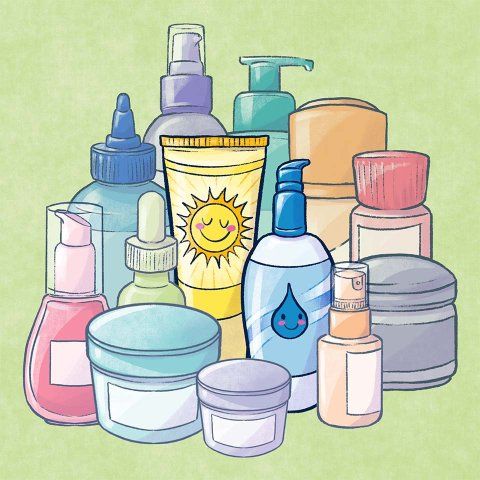 Illustration of a many skin care bottles and products. A tube with a sun and a bottle with a water drop standout.