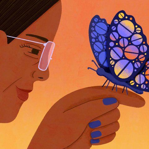 Illustration of an woman with glasses with a butterfly perched on her finger. The butterfly’s wings are patterned with purple, pink, and yellow pills.