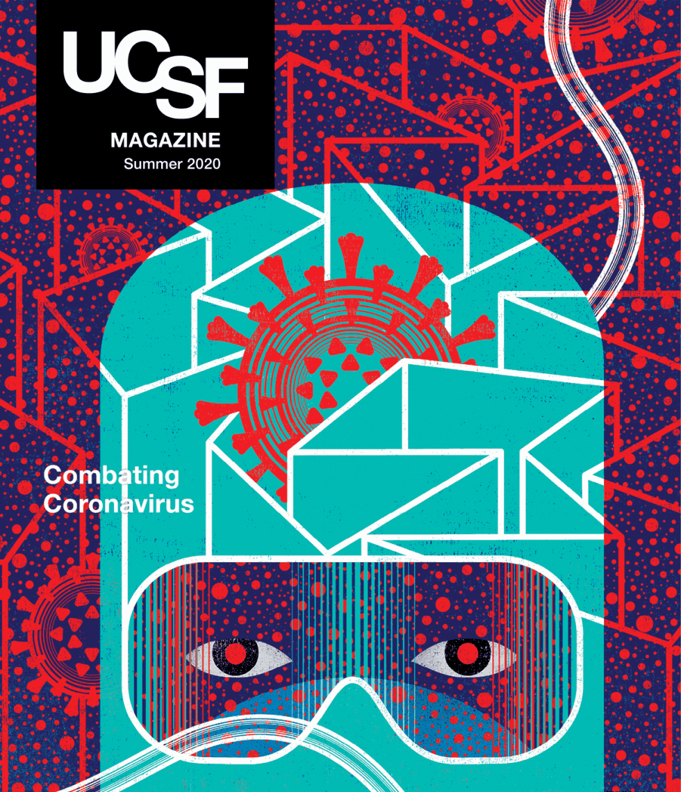 Cover of UCSF Magazine: Summer 2020. Illustration of health care worker in PPE covering head and face, with only the eyes seen through goggles; a coronavirus symbol is in the middle of the head covering; a labyrinth surrounds the person with coronavirus symbols; text reads “Combating Coronavirus.”