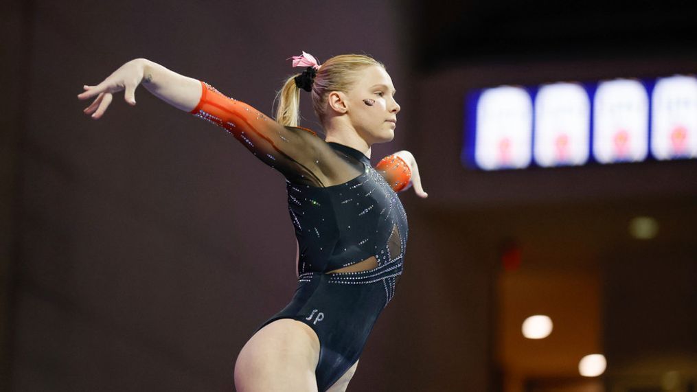 File photo of OSU's Jade Carey during an NCAA gymnastics meet Saturday, Jan. 6, 2024, in Las Vegas. (AP Photo/Stew Milne, File)