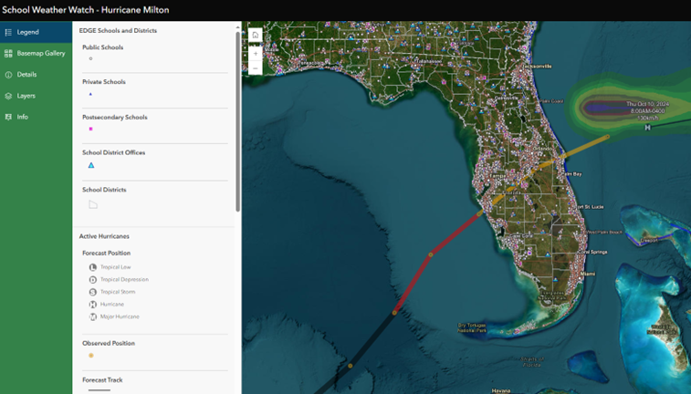 Sample map of the School Weather Watch - Hurricane Milton resource that includes the path of Hurricane Milton overlayed with NCES data.