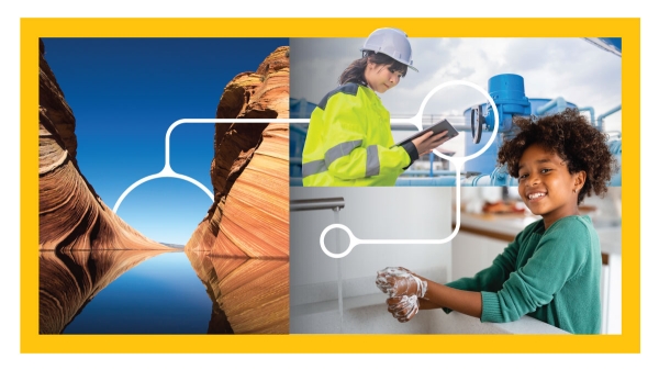 Collage of photos of a lake surrounded by a canyon, a utility worker looking at water pipes and a child washing their hands.