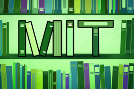 A green-overlay illustration of three shelves of books, with middle shelf of books laid out to read "MIT".