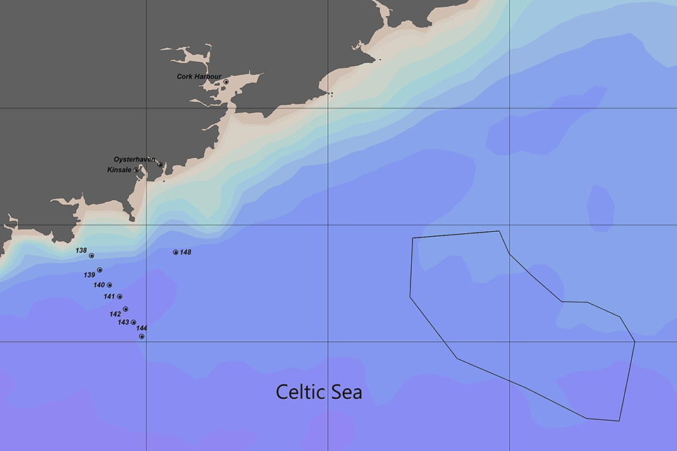 Map of HAB study area in the Celtic Sea. In situ sample locations are noted as points and the polygon location for the particle tracking model is outlined by the black line.