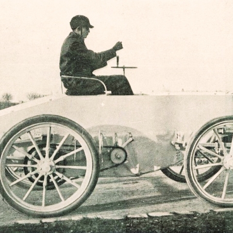 Count Gaston aboard his Jeantaud electric, 1899.