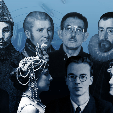 Top back row: Toyama Mitsuru, Abraham Woodhull, Aldrich Ames, Francis Walsingham, Front Row is Adolf G. Tolkachev, Mata Hari, Klaus Fuchs, and Elizabeth Van Lew