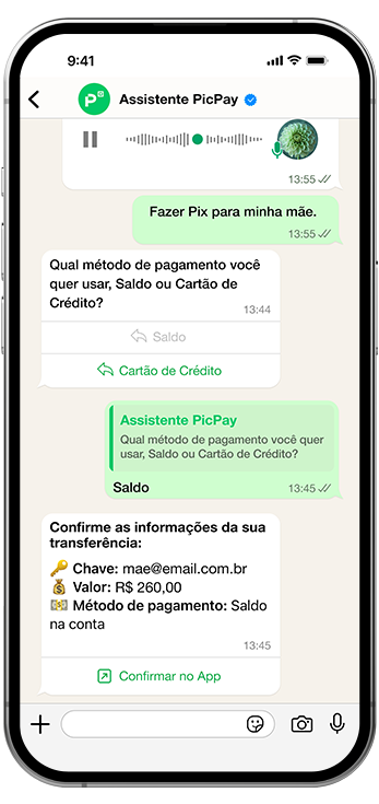 Chat assistente PicPay enviar Pix