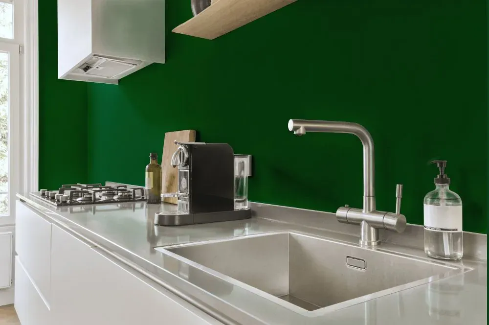 Benjamin Moore Seaweed kitchen painted backsplash