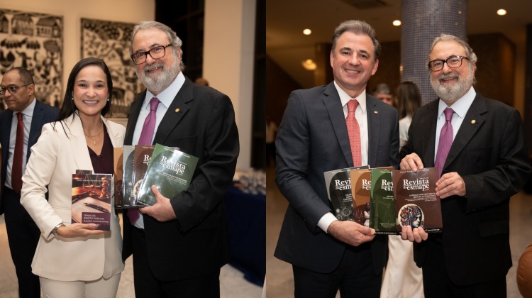 Desembargador Jorge Américo ao lado da vice-presidente da OAB-PE, Ingrid Zanella, e do presidente da Seccional Pernambuco, Fernando Ribeiro. 