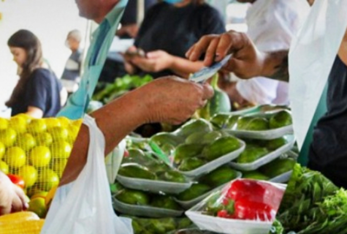 Cena de feira livre com venda de frutas e vegetais frescos sendo negociados entre clientes e vendedores.