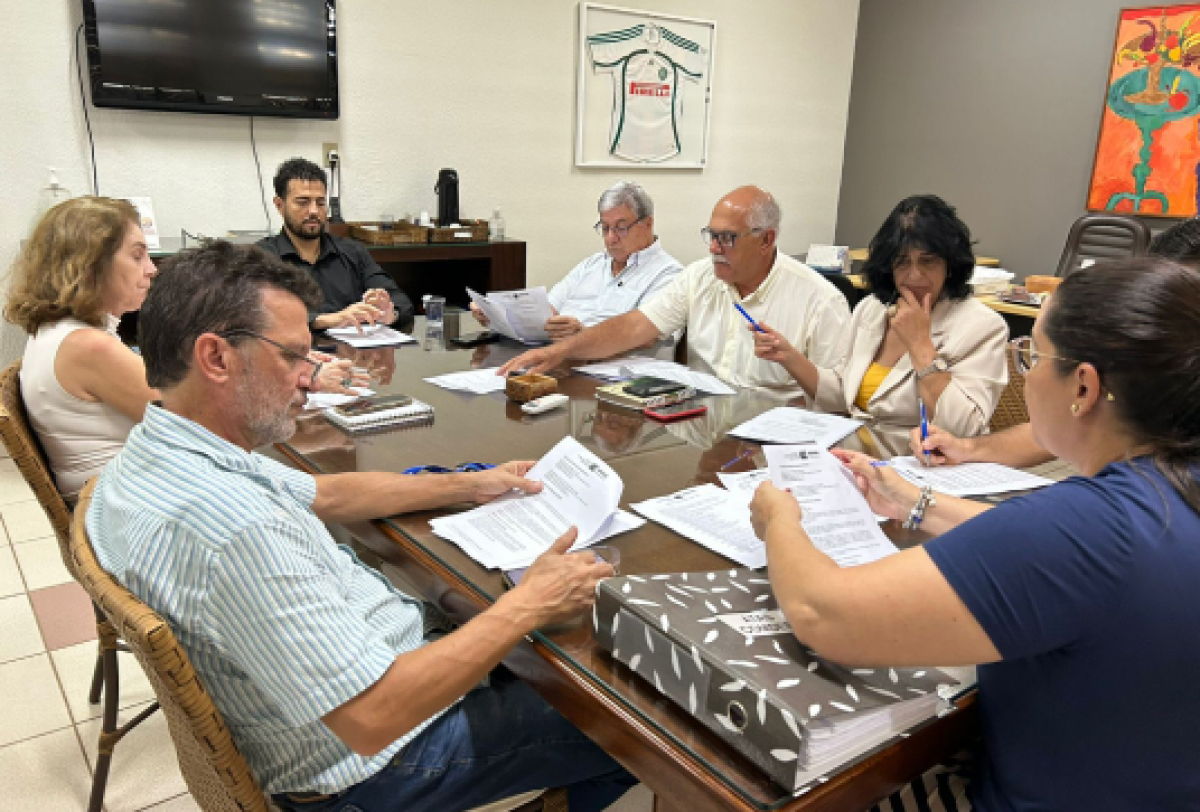 A imagem mostra pessoas sentadas ao redor de uma mesa de conferência, participando de uma reunião. 