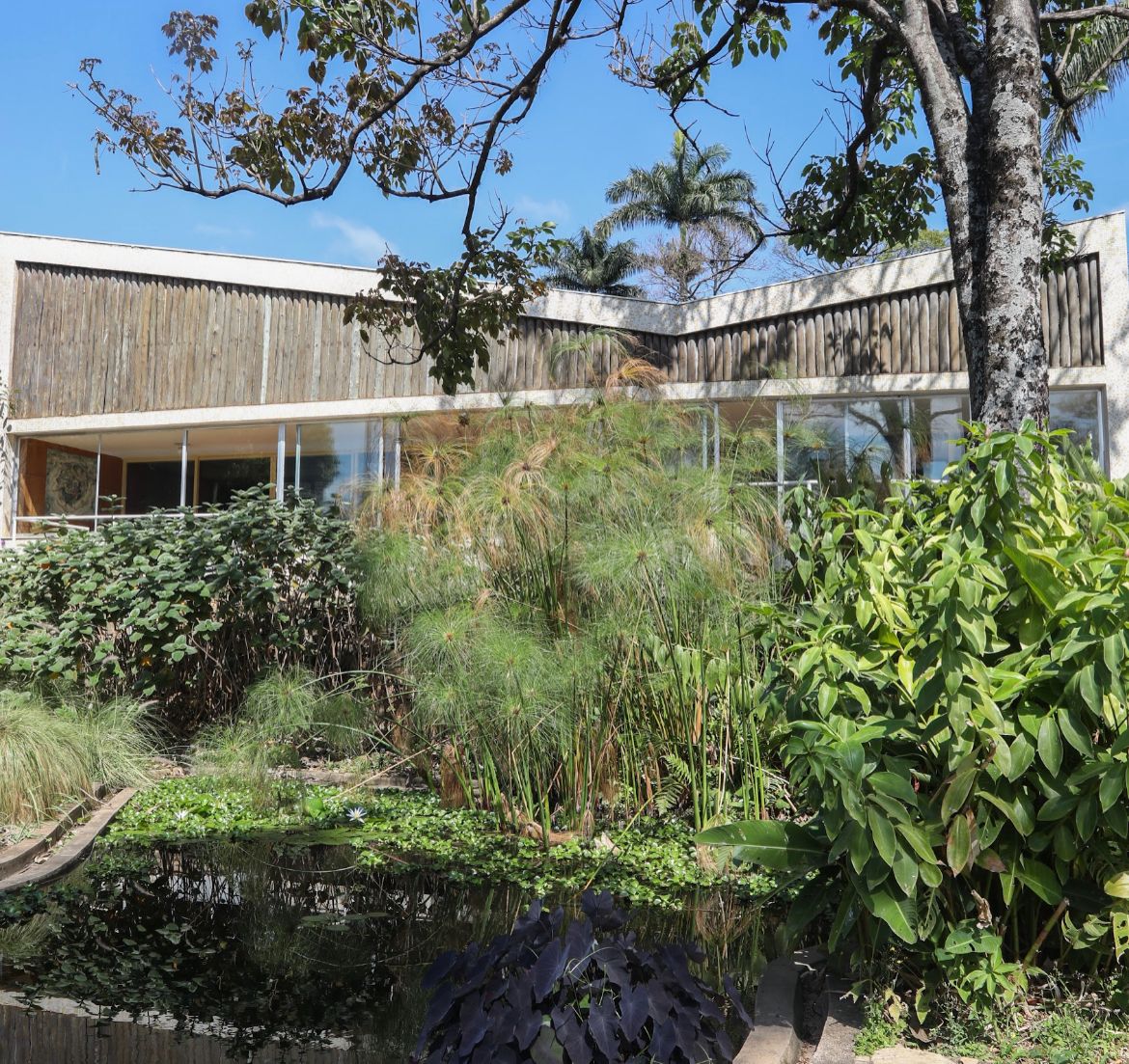 Um jardim com plantas verdes de diferentes espécies aparece em primeiro plano. Ao fundo há a faixada branca do Museu Casa Kubitschek