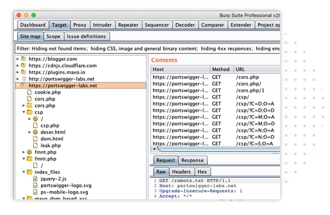 Screenshot of Burp Suite Professional site map