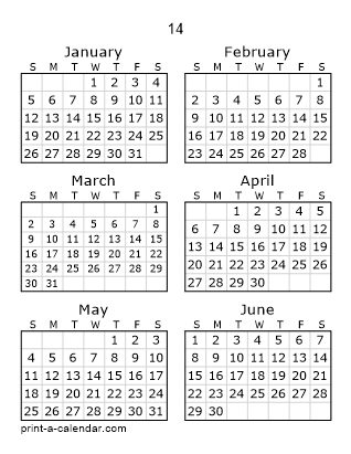 14 Two Page Yearly Calendar | Six months per page