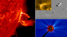 Scientists say it is now possible to predict the precise speed a coronal mass ejection (shown left in an artist's impression) is travelling at and when it will smash into Earth (bottom right moving in our direction) – even before it has fully erupted from the Sun (top right).