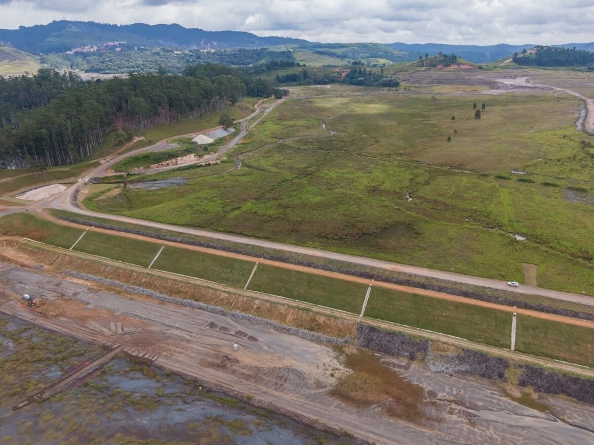 Aerial view of fields and dams