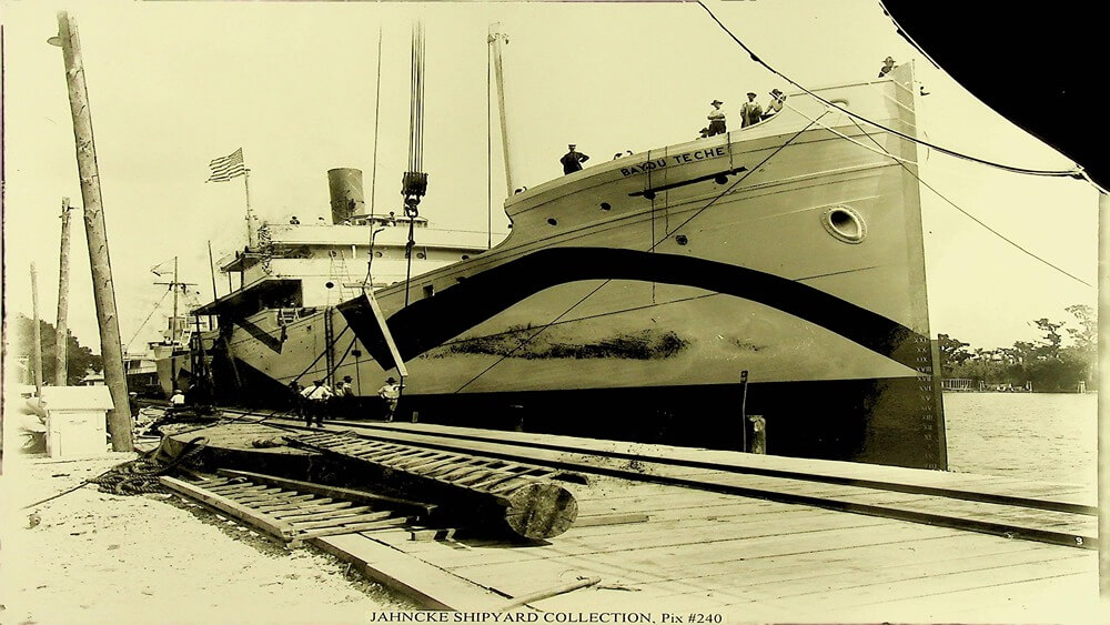 View of starboard side of Bayou Teche at Jahncke Shipyard, displaying dazzle painting