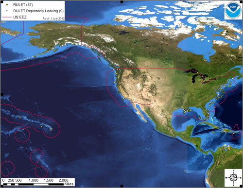 US map with dots indicating all the wrecks