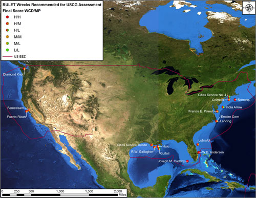 US map with dots indicating all the wrecks