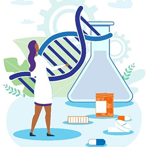 A cartoon of a researcher holding a DNA double helix and standing in front of a life-sized chemistry flask, a large prescription pill bottle, and pills on the ground.