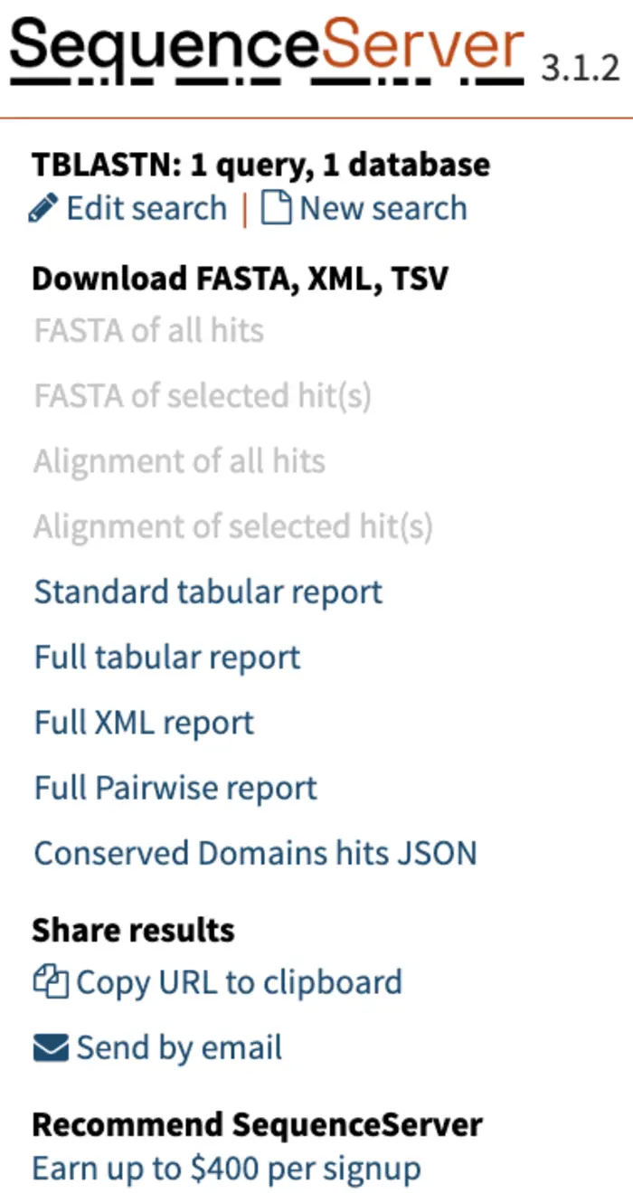 In the sidebar of BLAST result pages are a range of file download and sharing options to select from