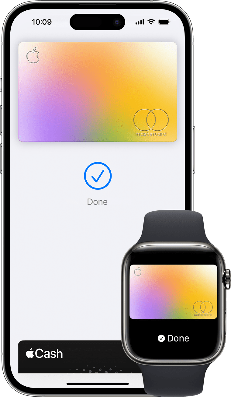 „iPhone“ ir „Apple Watch“ įrenginys, kuriuose rodomas atliktas mokėjimas naudojant „Apple Pay“