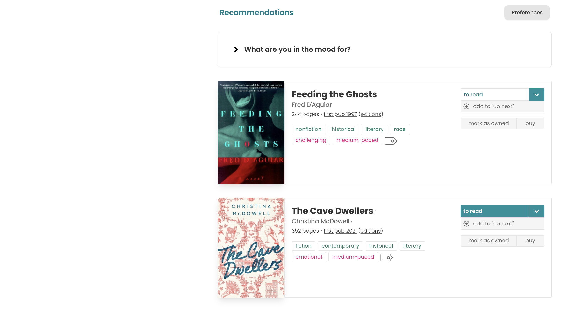 A screenshot of The StoryGraph's Recommendations page. There is a collapsed filter menu with the title 'What are you in the mood for?'. Underneath are two book recommendations.