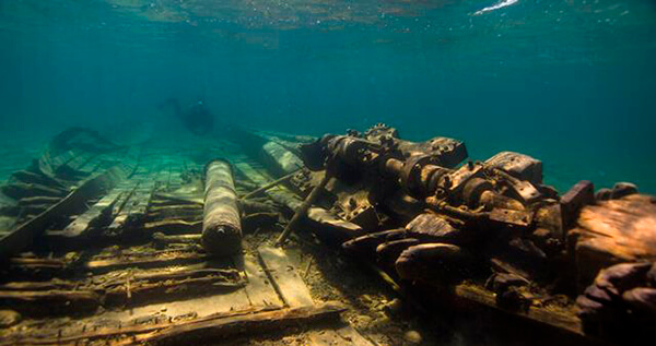 Metal and wood scraps from a shipwreck