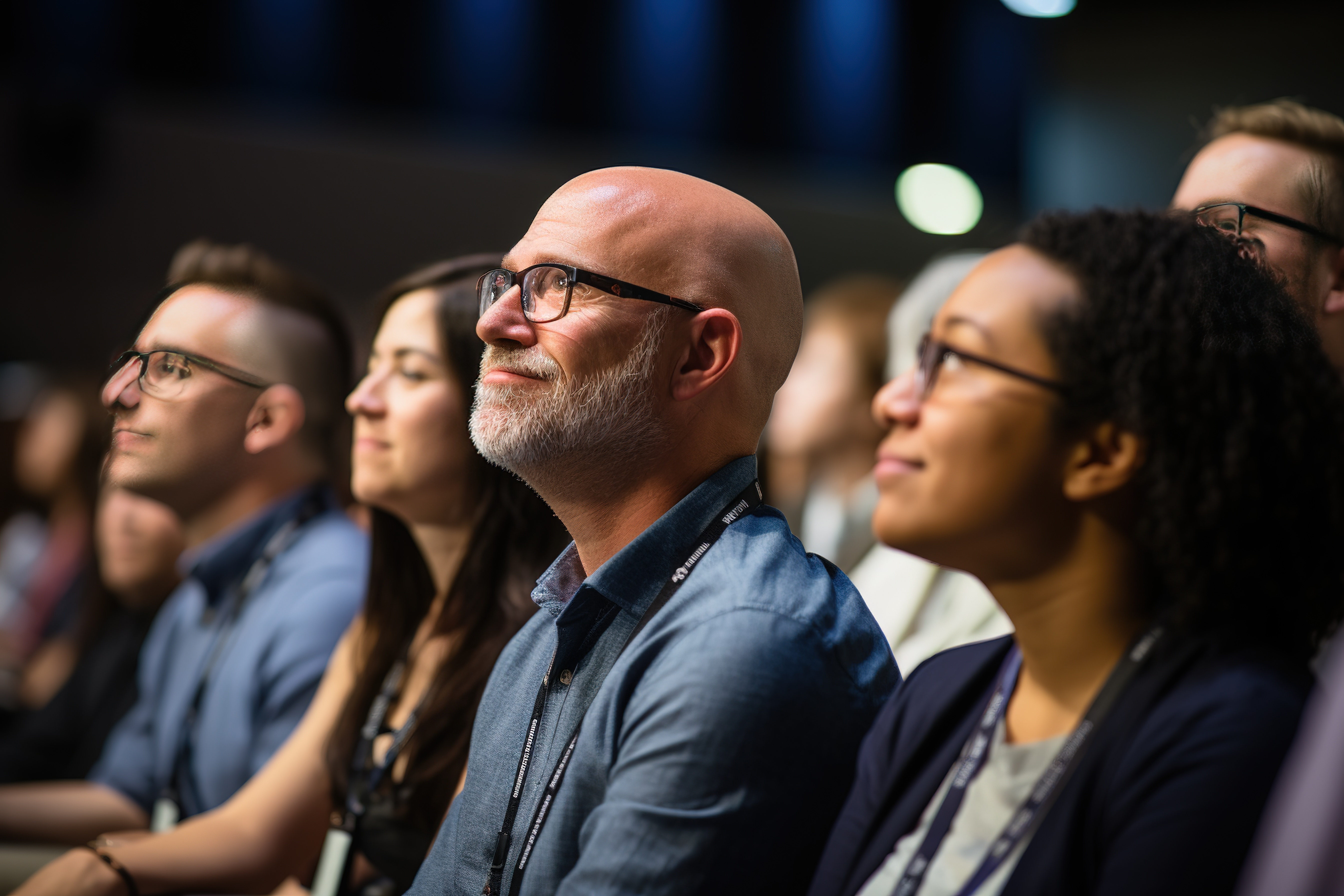 Zuschauer beim Seminar auf einer großen Konferenz im Konferenzraum, wartet auf den Speaker. Er ist gespannt, hoffnungsvoll und aufgeregt auf den Vortrag. Erfolgreich auf einer Großraumkonferenz.