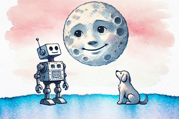 Illustration of a robot and dog looking at a face on the moon