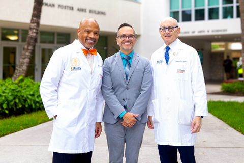 From left: Dr. Henri Ford, dean and chief academic officer of the Miller School of Medicine; Guillermo “Willy” Prado, interim executive vice president for academic affairs and provost; and Dr. Stephen Nimer, executive dean for research at the Miller School and director of Sylvester Comprehensive Cancer Center. Credit: Joshua Prezant/University of Miami