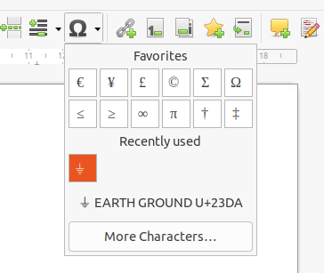 Zaslonska slika spustnega seznama Poseben znak, ki prikazuje izbran znak za ozemljitev nad njegovim opisom (»⏚ EARTH GROUND U+23DA«).