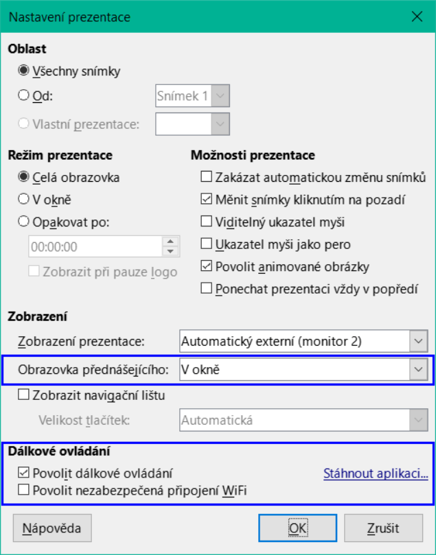 Dialogové okno Nastavení prezentace se zvýrazněním nových nastavení