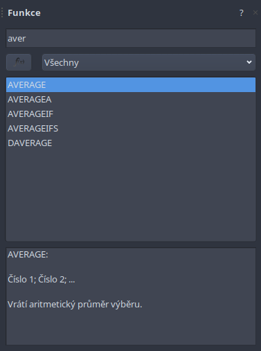 Snímek obrazovky nové funkce v akci s vyhledávacím řetězcem "avera" se seznamem všech funkcí souvisejících s průměrem (anglicky average).