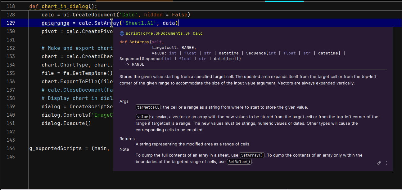 Když umístíte kurzor na metodu ScriptForge v IDE PyCharm Community, objeví se vyskakovací okno s dokumentací