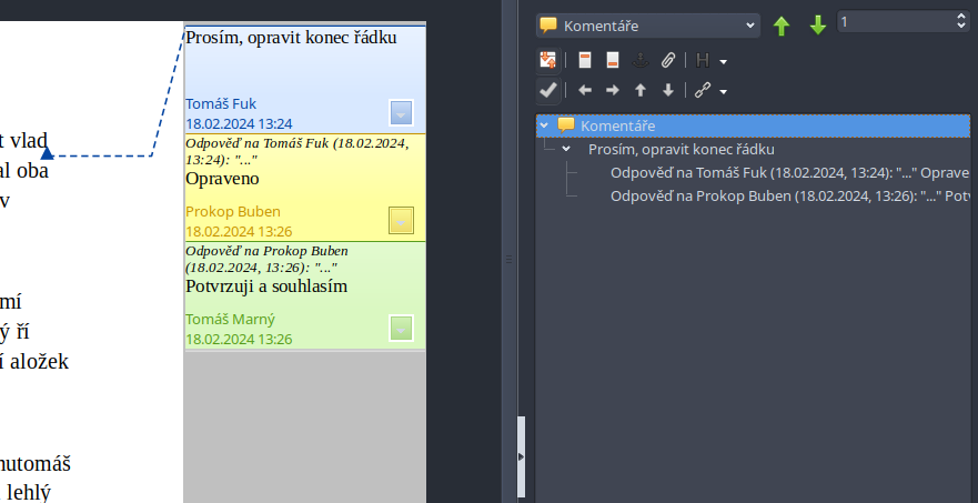 Snímek obrazovky dokumentu se třemi komentáři. V Navigátoru jsou dvě odpovědi na první komentář seskupeny a mohou být sbaleny.