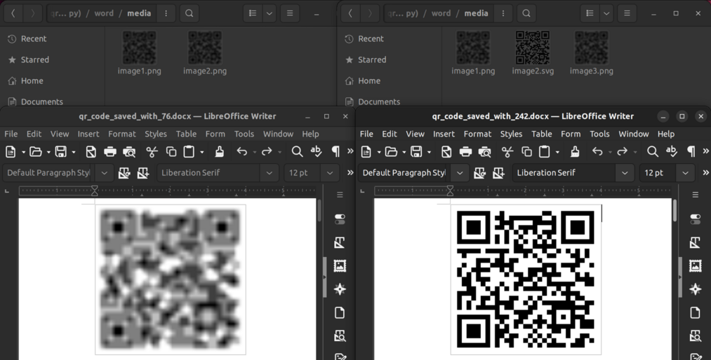 Zaslonski sliki Writerja, postavljeni druga ob drugi. Nad njima pa dve zaslonski sliki upravitelja arhivov 7-zip, ki ustrezata vsebini teh datotek Writerja. Na levi strani je LibreOffice 7.6 z zabrisano grafiko, ki je posledica manjkajoče priponke SVG v arhivu OOXML (v arhivu .docx je samo datoteka PNG). Desno je prikazan LibreOffice 24.2 z ostro izrisano grafiko zaradi pravilno shranjenih priponk PNG in SVG v arhivu OOXML.