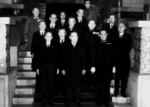 Japanese Prime Minister Kantaro Suzuki (front row, center) with members of his cabinet on his inaugural day of administration, Tokyo, Japan, 7 Apr 1945; note Mitsumasa Yonai (front row, first from right) and Korechika Anami (rear row, first from left)