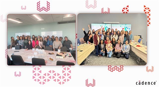 Two group photos of employees at the Women@Cadence group gathering