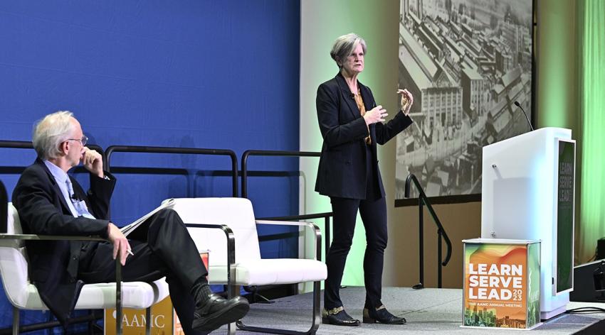 Walter O’Donnell, MD, speaks with Wendy Dean, MD, about moral injury and clinician distress during a session at Learn Serve Lead 2023 on Sunday, Nov. 5.