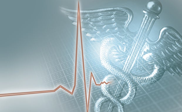 Specialist and Private Practices Take Severe Blow During Pandemic. An EKG showing electrical signals in the heart overlayed on a Caduceus.