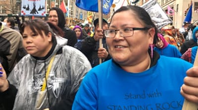  Jobeth Brownotter, right, said the protest was a way of standing up for Native American rights [Cajsa Wikstrom/Al Jazeera] 