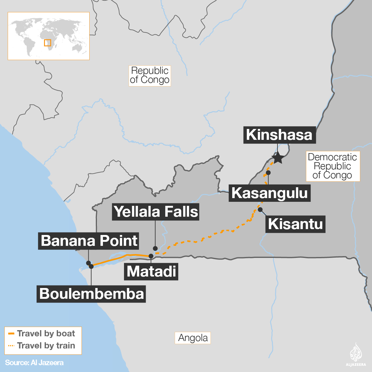 Key stops on this river and rail journey along the River Congo