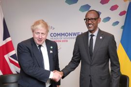 UK&#39;s Foreign Secretary Boris Johnson greets the President of Rwanda Paul Kagame in London in 2018 [File: Aaron Chown via Reuters]